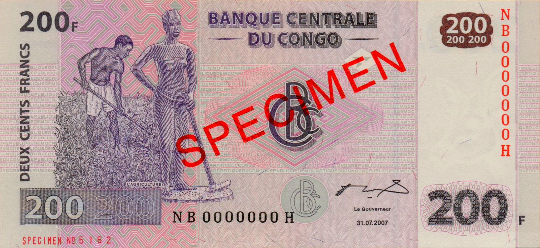 Congo 200 2007 UNC P-95/S [SPECIMEN]